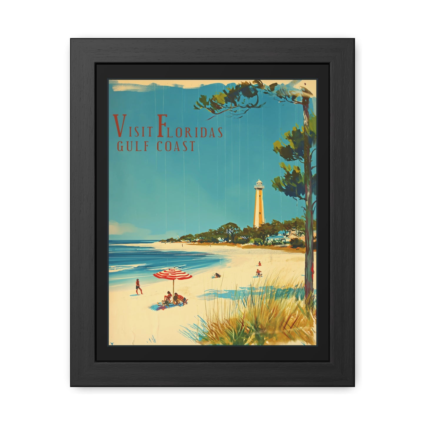 "Visit Florida’s Gulf Coast - Vintage Beach Scene Framed Poster"