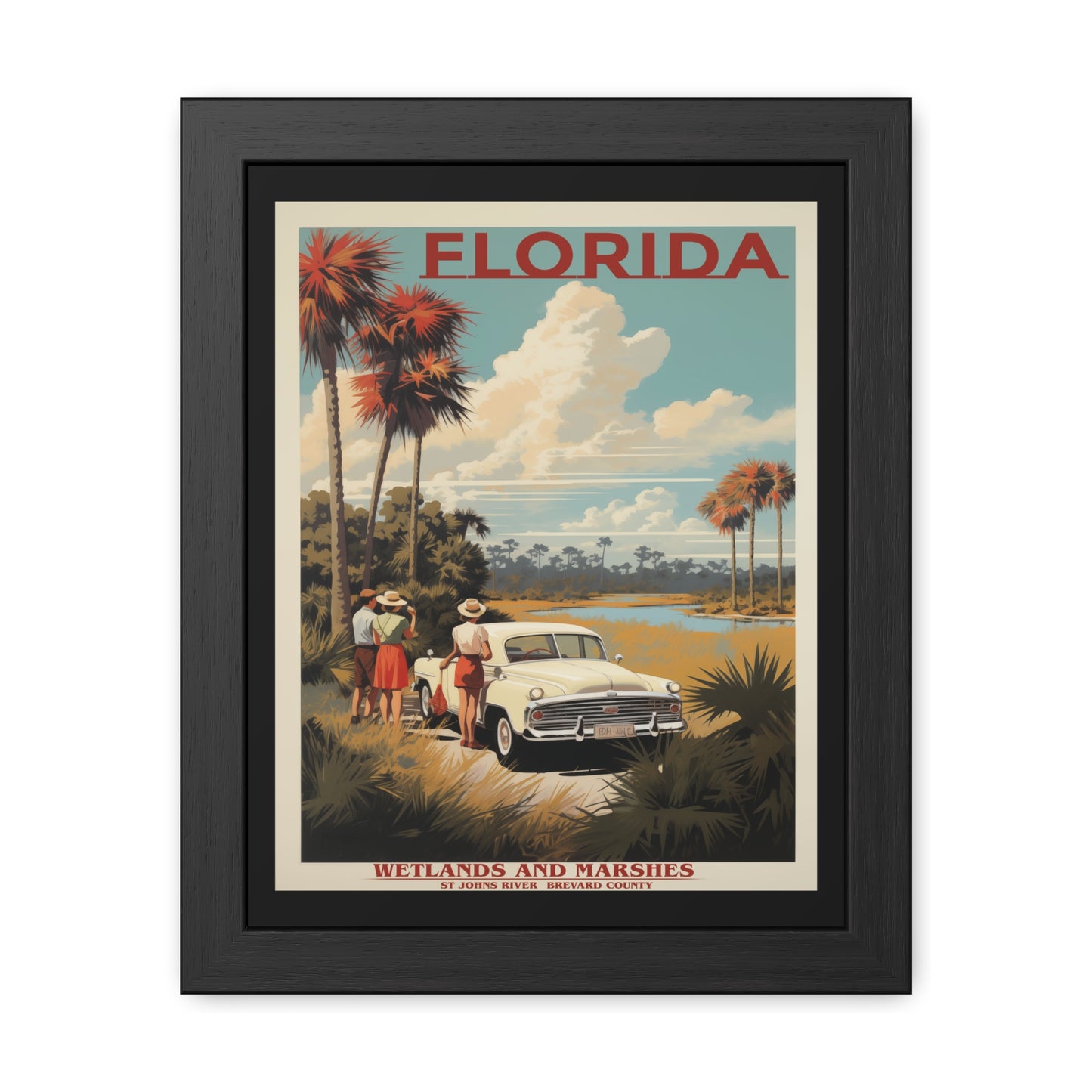 Vintage Florida Wetlands and Marshes Retro Wall Art – Vintage Travel Poster with Wooden Frame