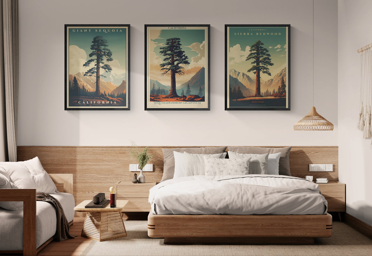 Set of three 30×40 Giant Sequoia matte canvases in vintage-travel style. Framed, museum-quality, and bundled for added savings.