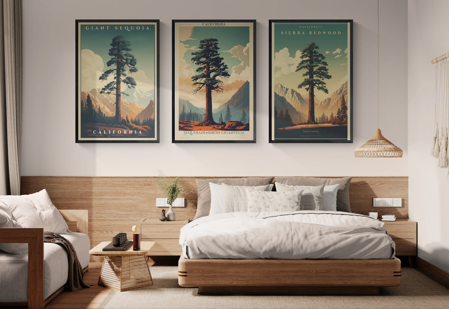 Set of three 32x48 Giant Sequoia matte canvases in vintage-travel style. Framed, museum-quality, and bundled for added savings.