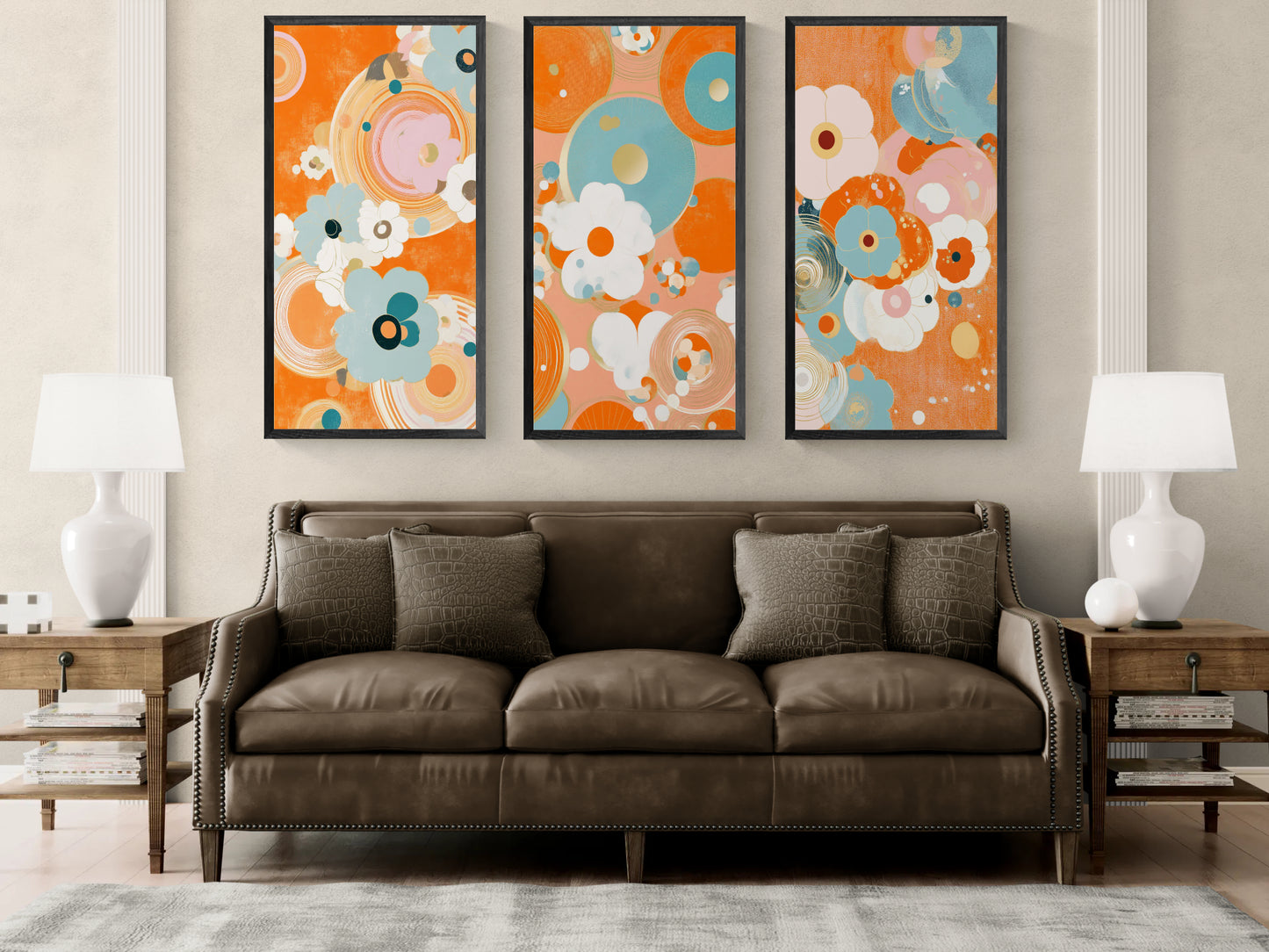 Mid-Century Modern Floral Abstract Canvas Set of 3 — 24x48 (Black, Espresso & White Frames)