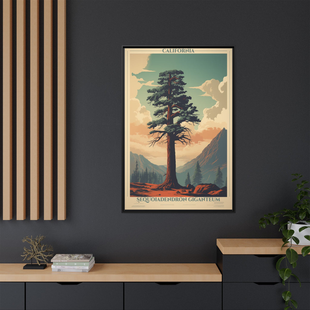 California Sequoiadendron Giganteum vintage nature artwork, 32 × 48, black framed canvas, displayed on a dark charcoal slatted wall above a light wood sideboard