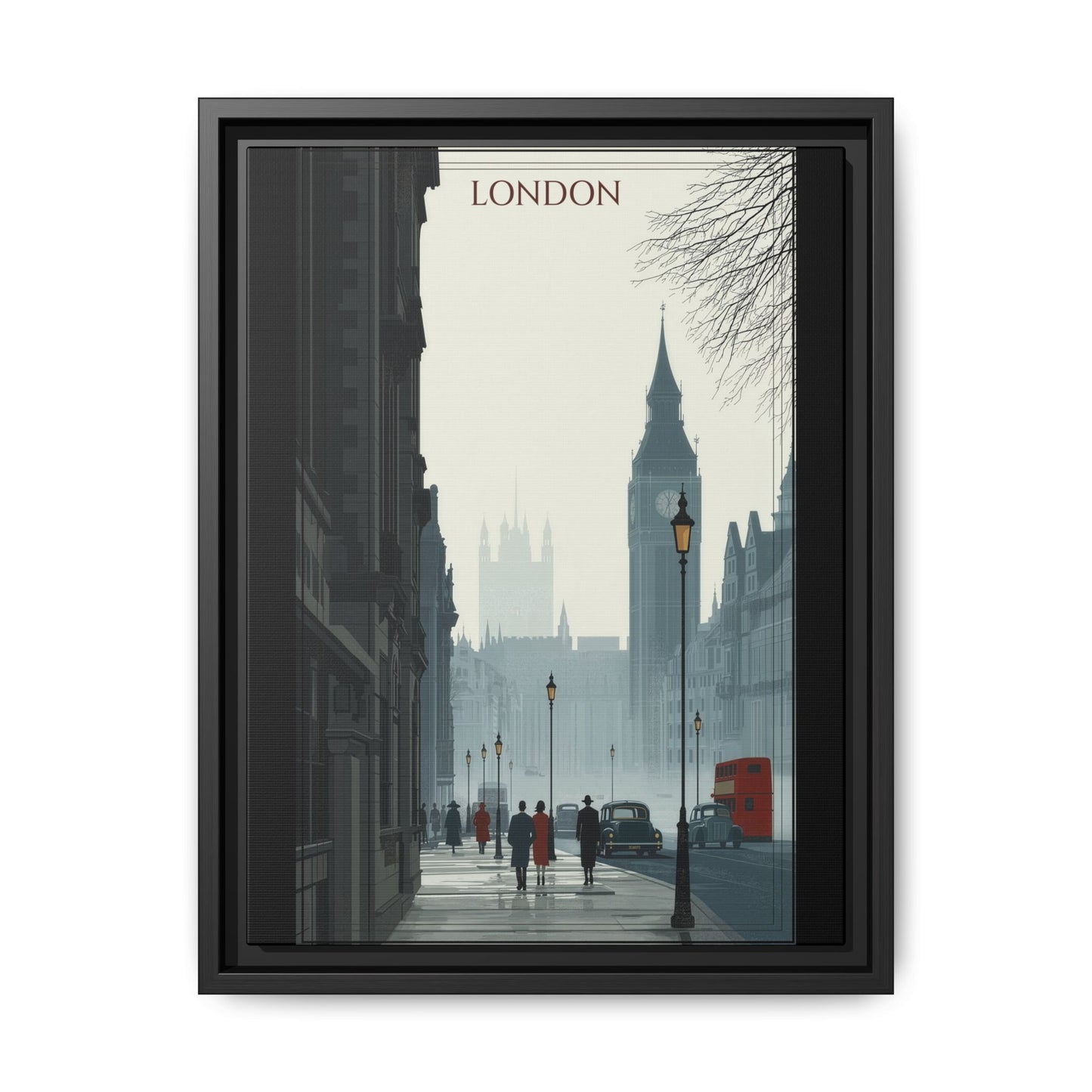London Street Matte Canvas Print — Framed Vintage Cityscape Wall Art