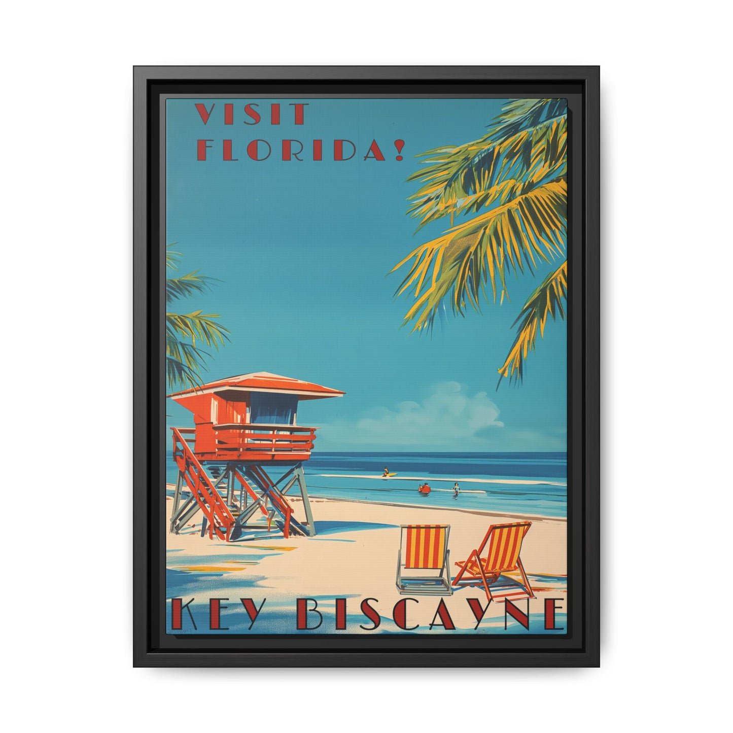 "Key Biscayne Beach Vintage – Classic Florida Coastal Art Print" Matte Canvas, Black Frame
