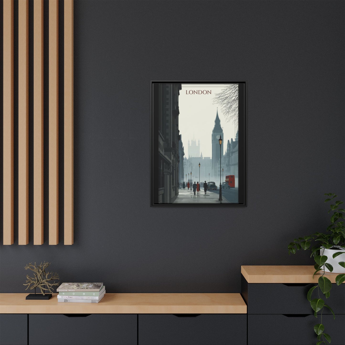 London Street Matte Canvas Print — Framed Vintage Cityscape Wall Art