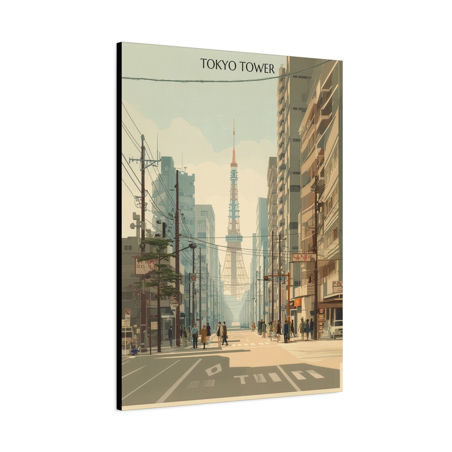 Tokyo Tower Street Scene Matte Canvas Print — Vintage Cityscape Wall Art