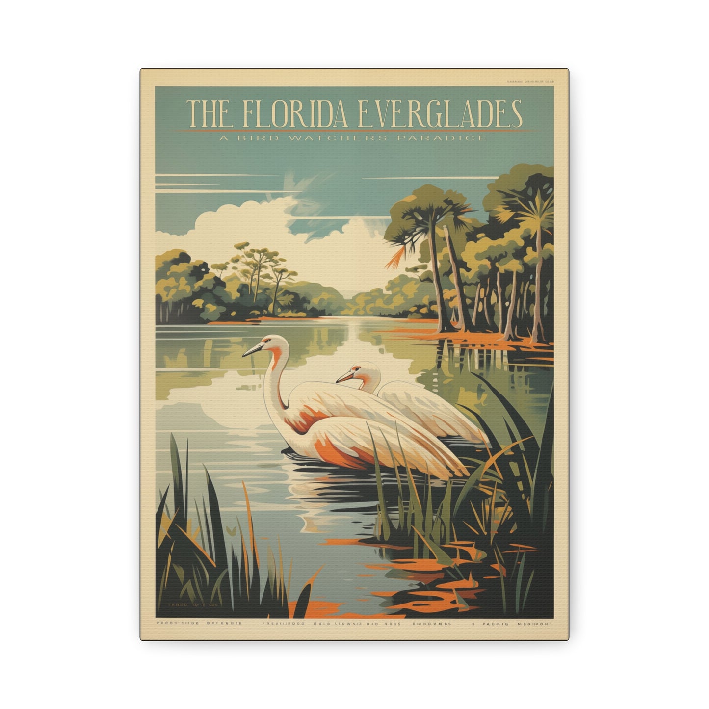 "Vintage Florida Everglades Flamingo Poster - Matte Stretched Canvas Wall Art" Matte Canvas, Stretched, 1.25"