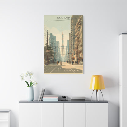 Tokyo Tower Street Scene Matte Canvas Print — Vintage Cityscape Wall Art