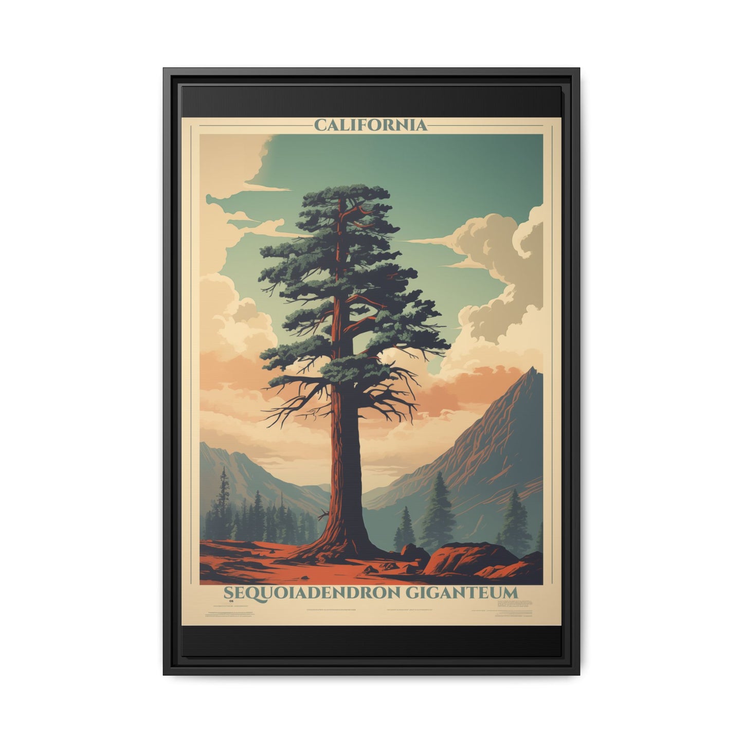 "Vintage California Sequoia Poster - Sequoiadendron Giganteum Matte Canvas Wall Art with Black Frame" Matte Canvas, Black Frame