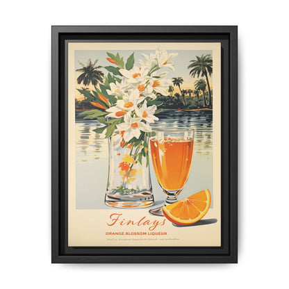 "Finlays Orange Blossom Liqueur Art Print – Tropical Vintage Featuring Florals and Coastal Scenery" Matte Canvas, Black Frame
