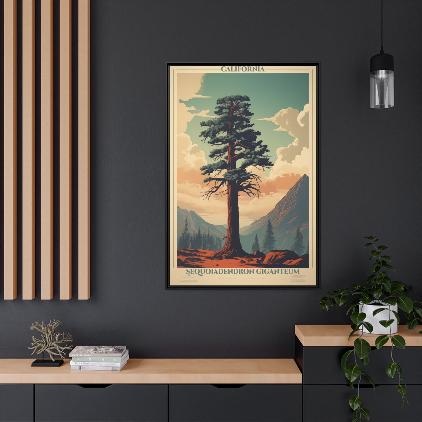 "Vintage California Sequoia Poster - Sequoiadendron Giganteum Matte Canvas Wall Art with Black Frame" Matte Canvas, Black Frame