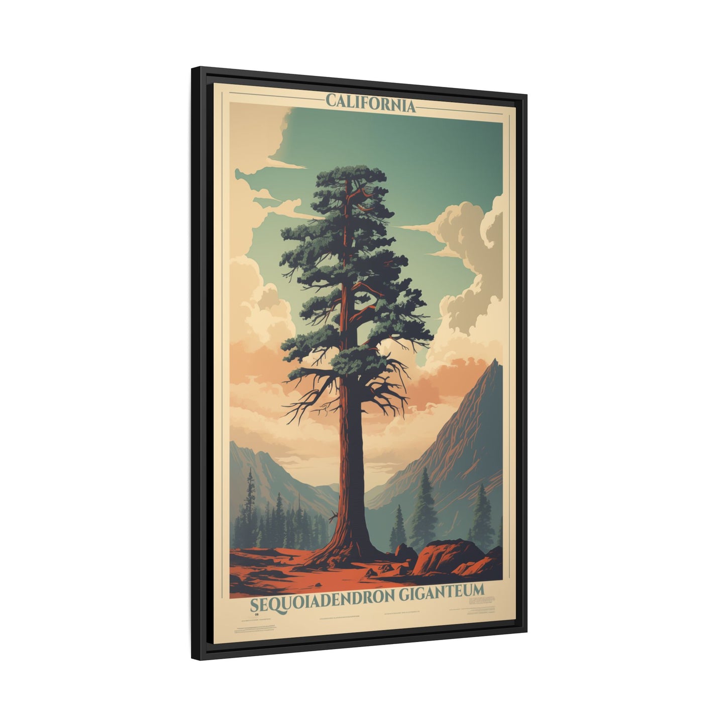 "Vintage California Sequoia Poster - Sequoiadendron Giganteum Matte Canvas Wall Art with Black Frame" Matte Canvas, Black Frame