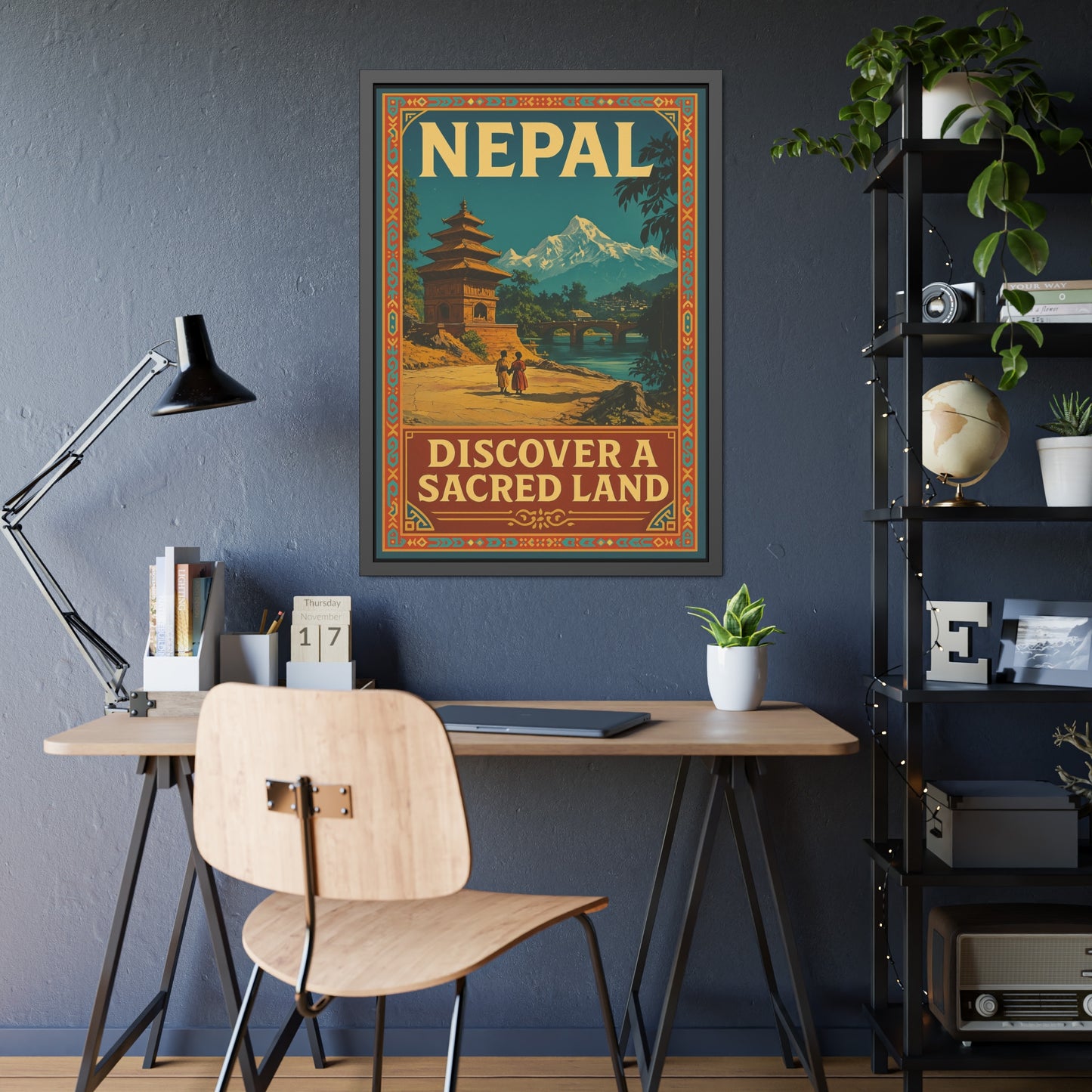 Framed Nepal Travel Poster — "Discover a Sacred Land" Vintage Wall Art