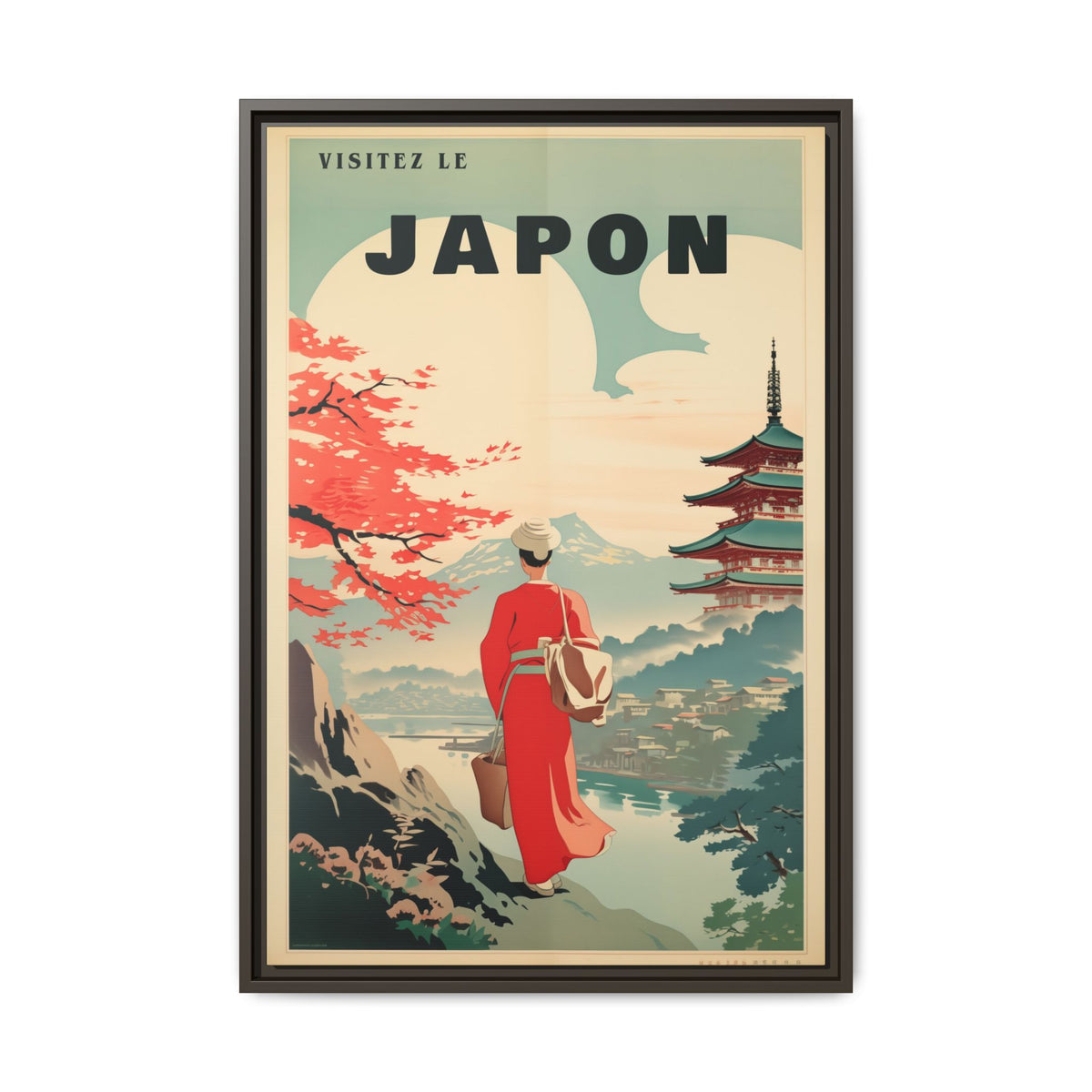 Vintage Visit Japan pagoda and maple artwork, 20 × 30, espresso framed canvas, front view