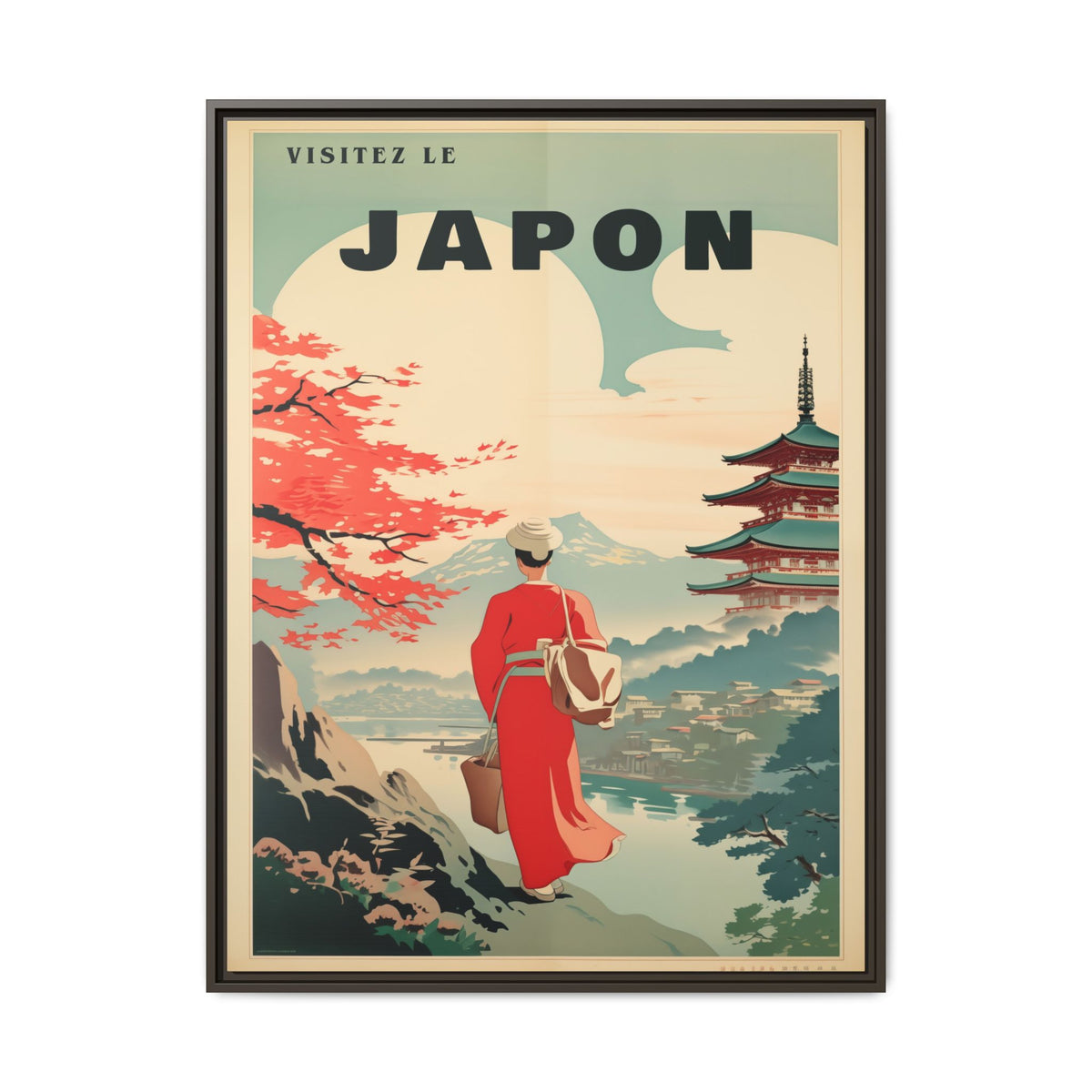 Vintage Visit Japan pagoda and maple artwork, 30 × 40, espresso framed canvas, front view
