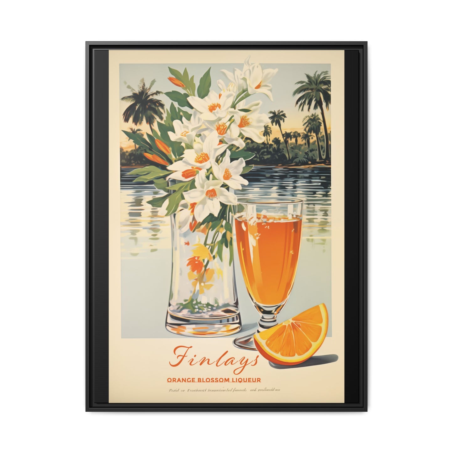 "Finlays Orange Blossom Liqueur Art Print – Tropical Vintage Featuring Florals and Coastal Scenery" Matte Canvas, Black Frame