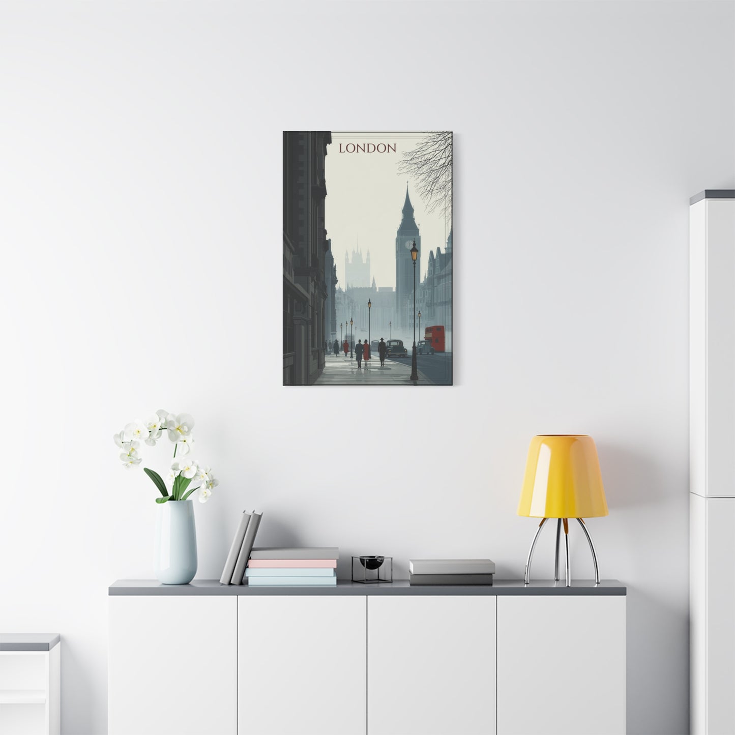 London Street Scene Matte Canvas Wall Art – Vintage Big Ben Cityscape Print