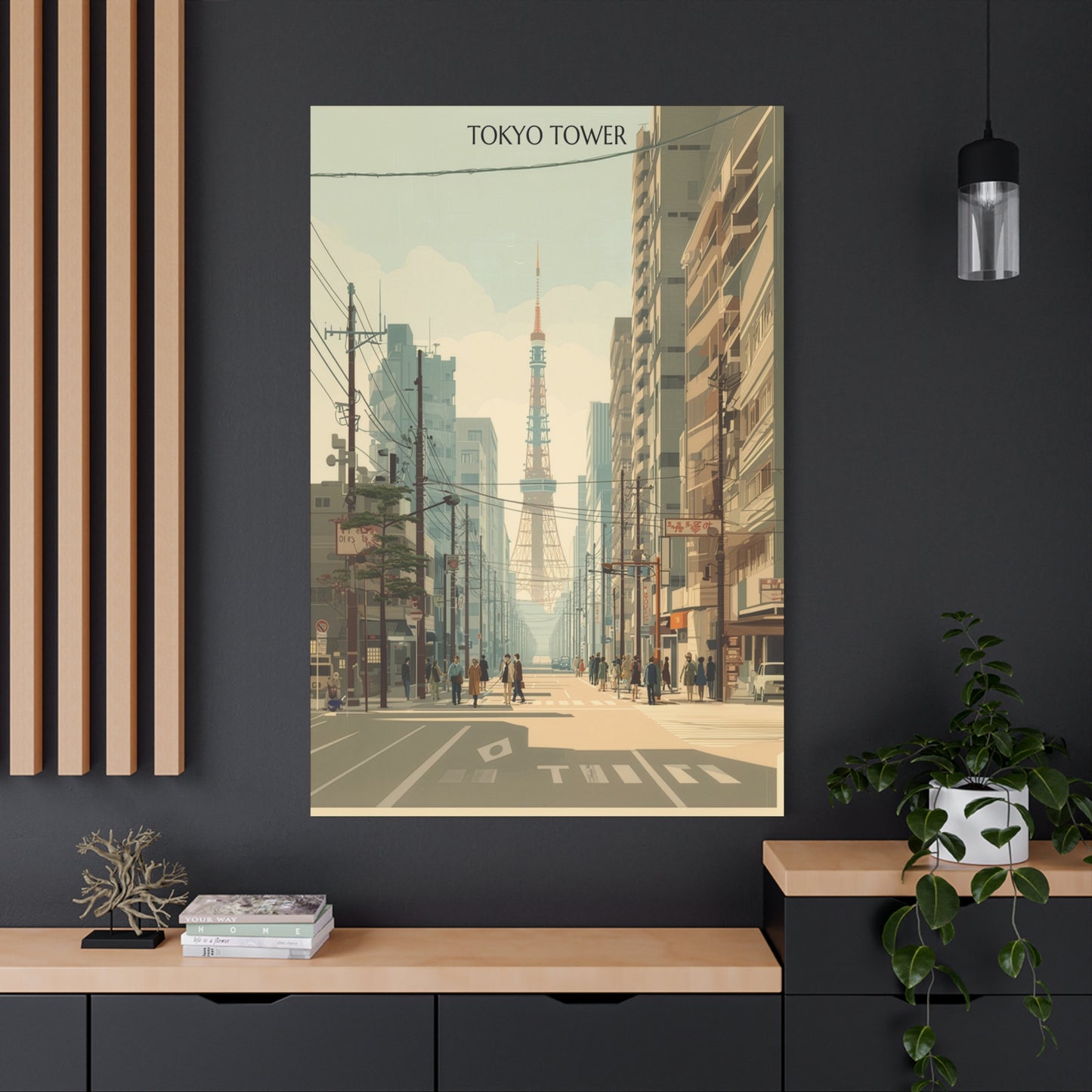 Tokyo Tower Street Scene Matte Canvas Print — Vintage Cityscape Wall Art