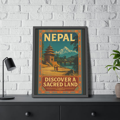 Framed Nepal Travel Poster — "Discover a Sacred Land" Vintage Wall Art