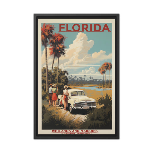 Vintage Florida Wetlands and Marshes Retro Wall Art – Vintage Travel Poster with Wooden Frame