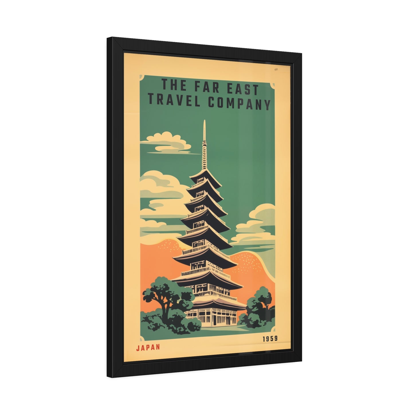 Framed Japan Travel Poster — Vintage Far East Pagoda Wall Art
