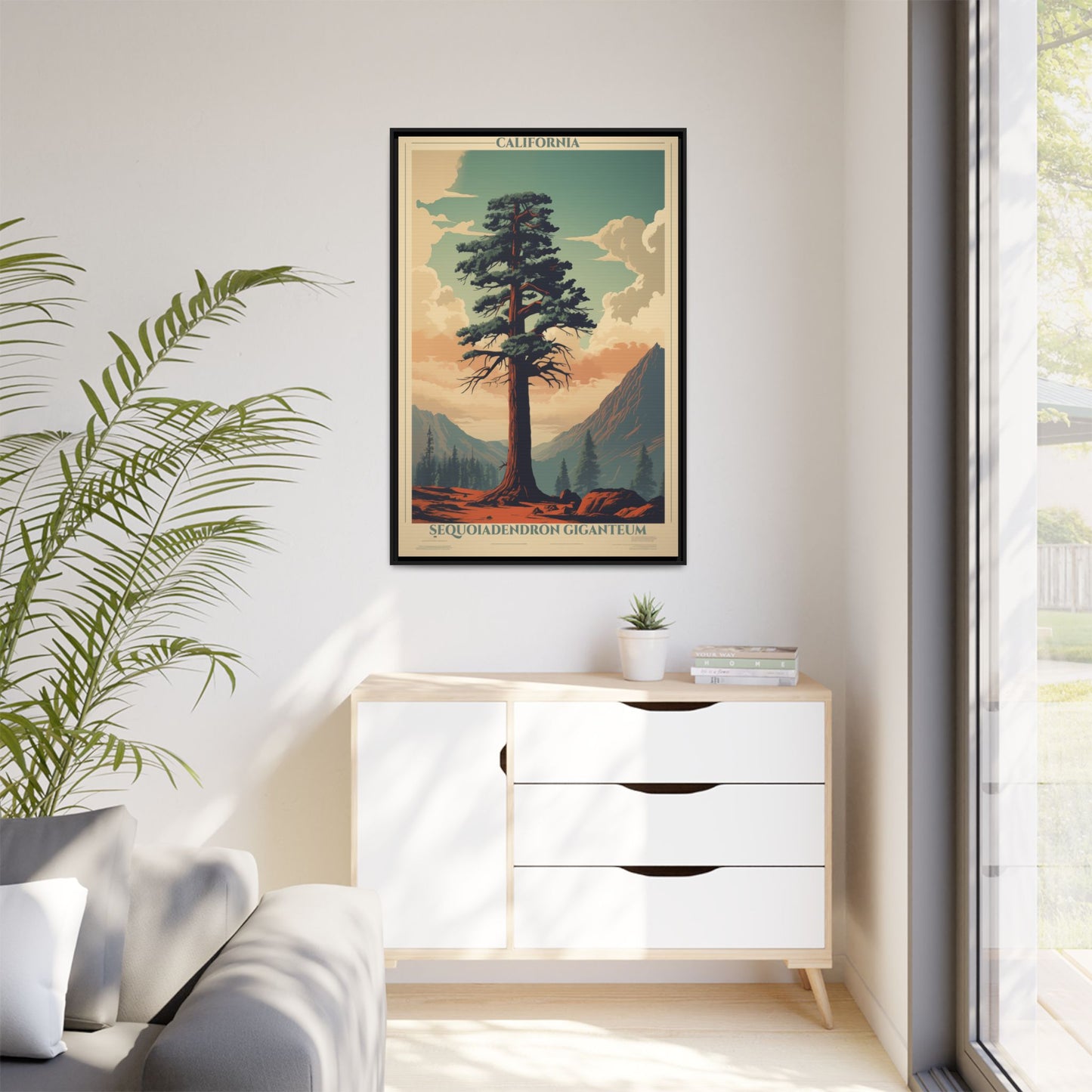 "Vintage California Sequoia Poster - Sequoiadendron Giganteum Matte Canvas Wall Art with Black Frame" Matte Canvas, Black Frame
