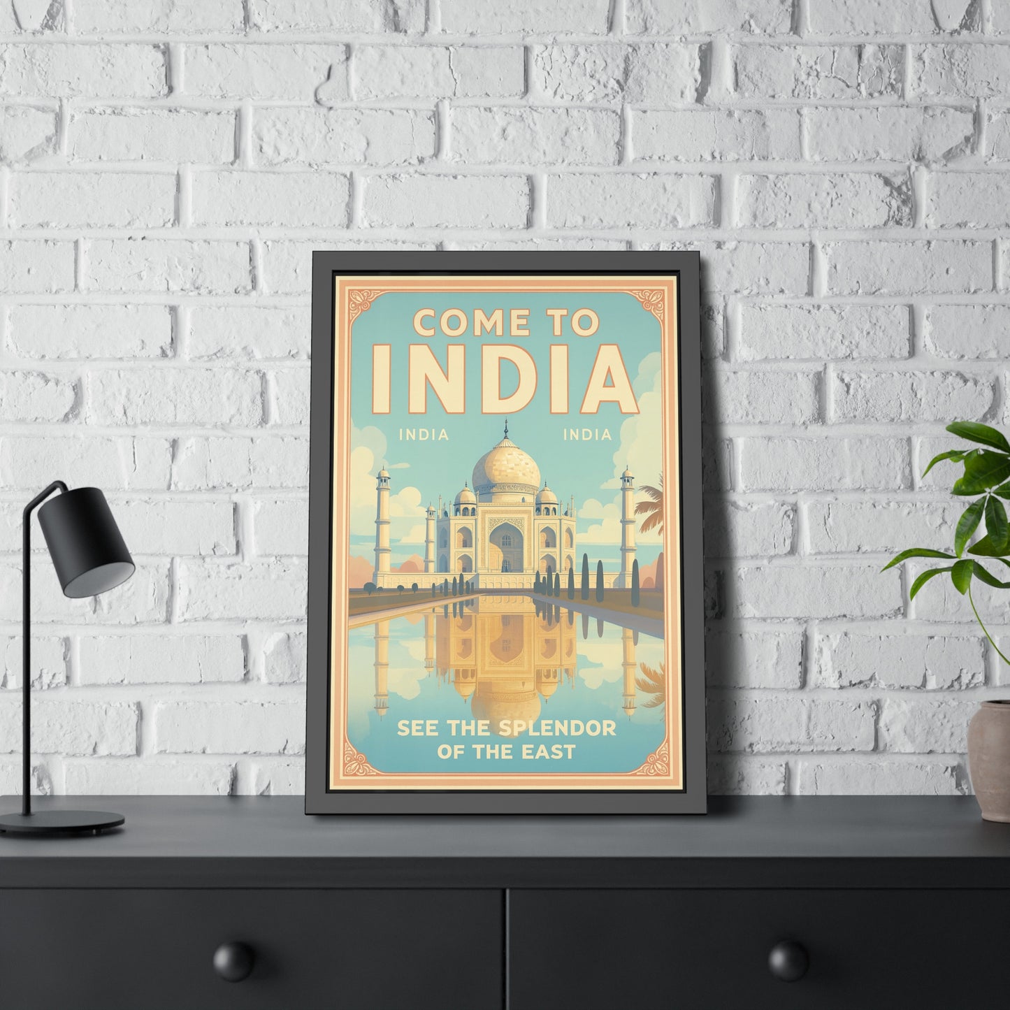 Come to India Framed Poster – Vintage Taj Mahal Travel Art Print