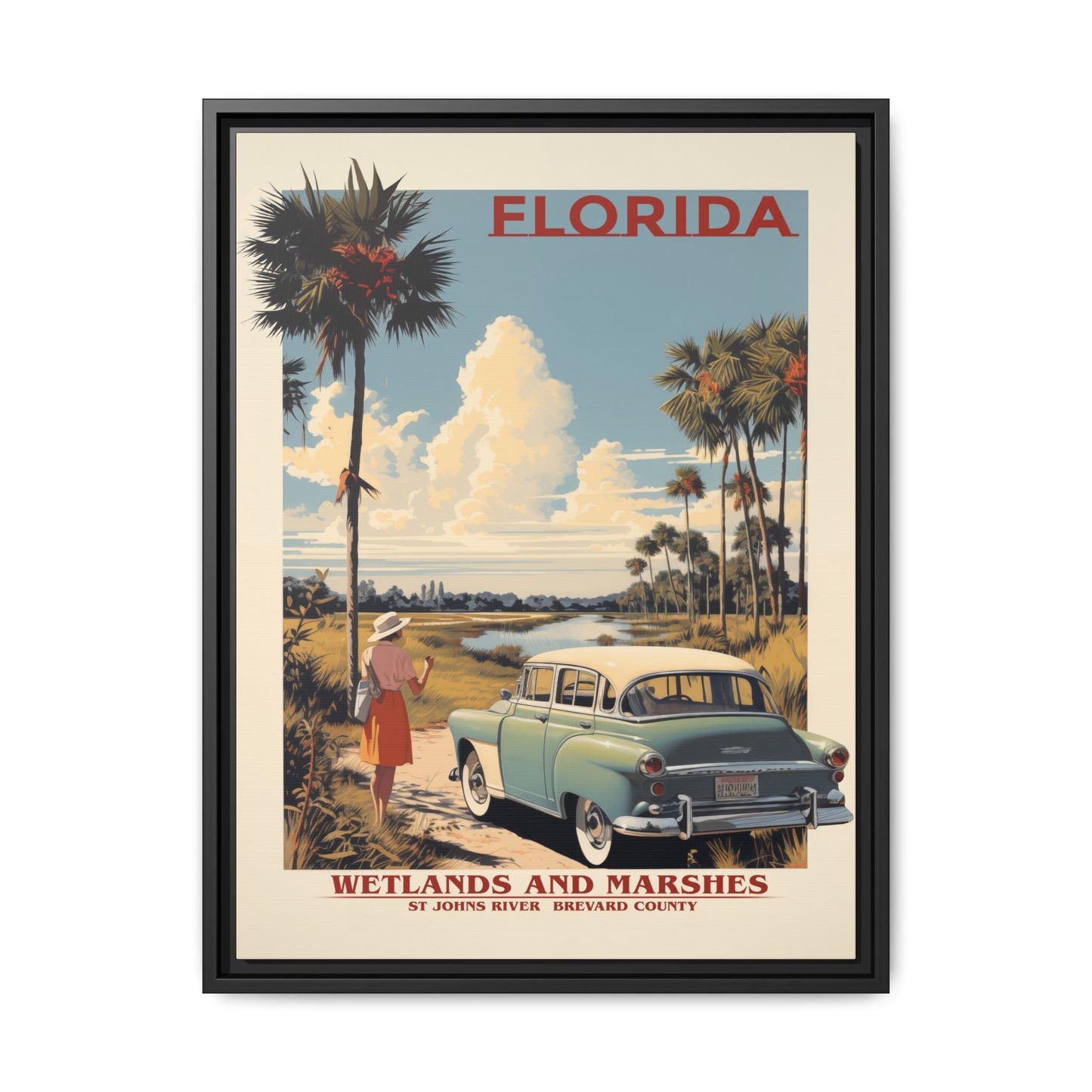"Vintage Florida Wetlands and Marshes Poster - St. Johns River Brevard County Matte Canvas Wall Art with Black Frame" Matte Canvas, Black Frame