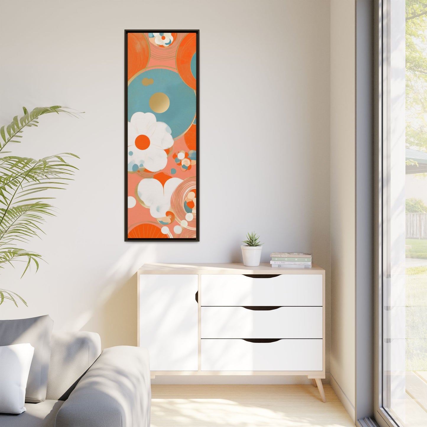 Mid-Century Modern Floral Abstract Canvas Set of 3 — 20×60  (Black, Espresso & White Frames)