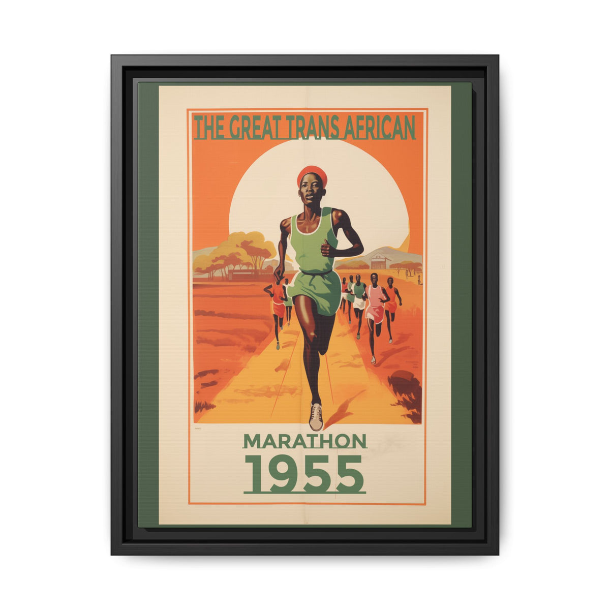 Vintage 1955 Great Trans African Marathon artwork, 12 × 16, black framed canvas, front view