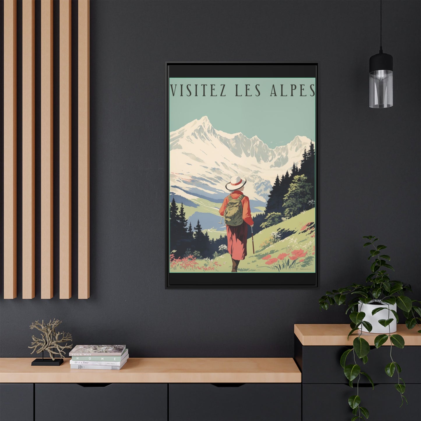 "Visitez Les Alpes(Visit the Alps French) Vintage Travel Poster | Matte Canvas with Black Frame"