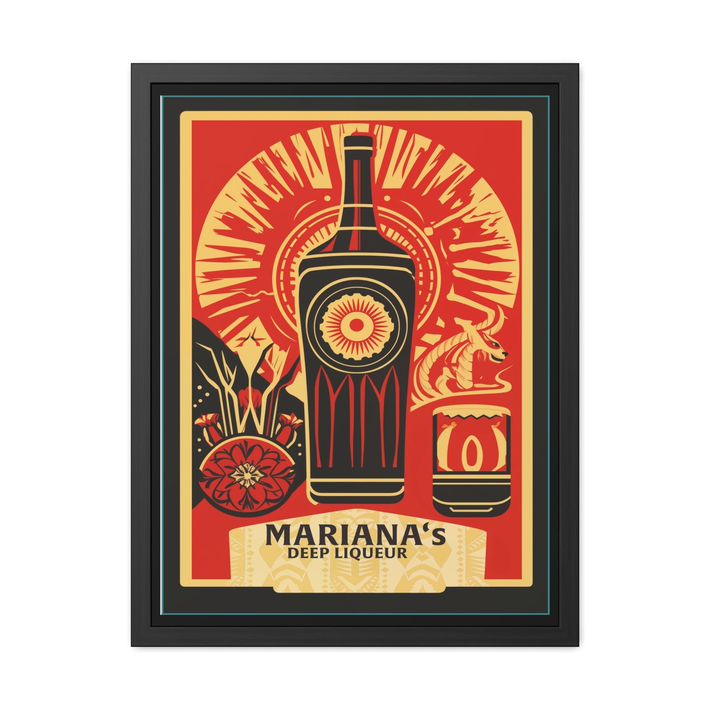 Mariana's Deep Liqueur Poster - Vibrant Art Deco Design with Tropical Flair Framed Posters