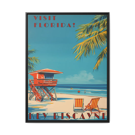 "Key Biscayne Beach Vintage – Classic Florida Coastal Art Print" Matte Canvas, Black Frame