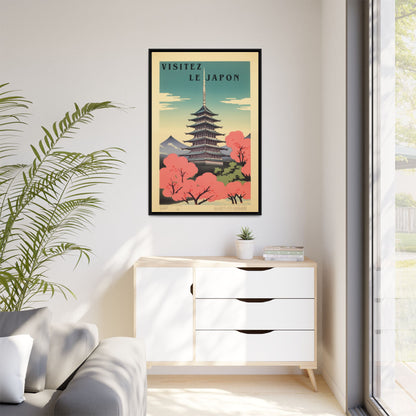"Vintage Japanese Pagoda Travel Poster - 'Visitez Le Japon' Matte Canvas Wall Art with Black Frame" Matte Canvas, Black Frame