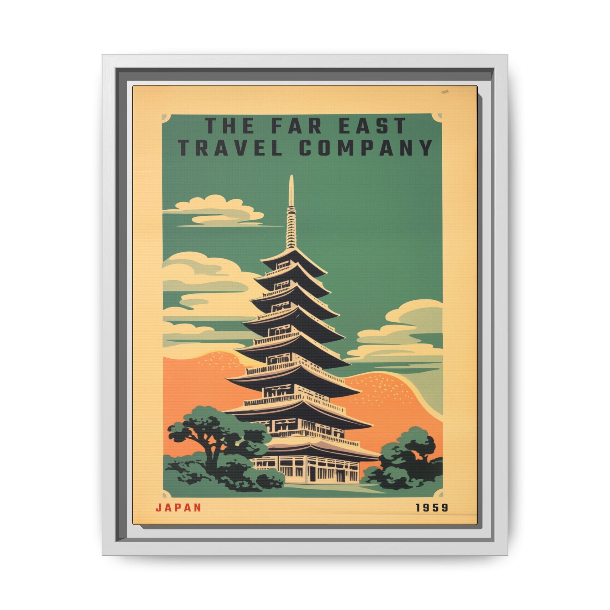 Vintage Far East Travel Company artwork, 11 × 14, white framed canvas, front view