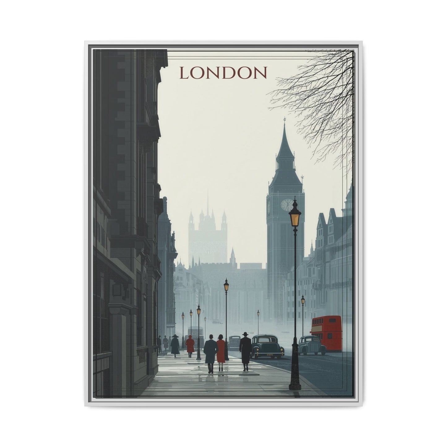 London Street Matte Canvas Print — Framed Vintage Cityscape Wall Art