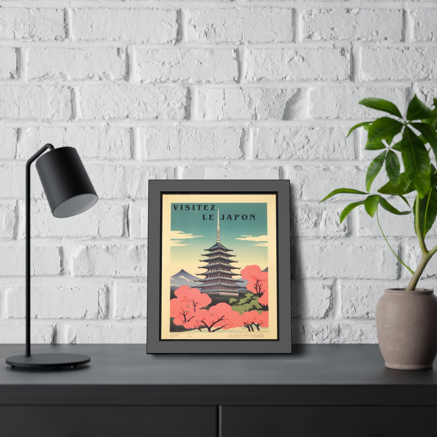 Framed Poster - "Visitez Le Japon" Vintage Travel Art (Cherry Blossom Pagoda)