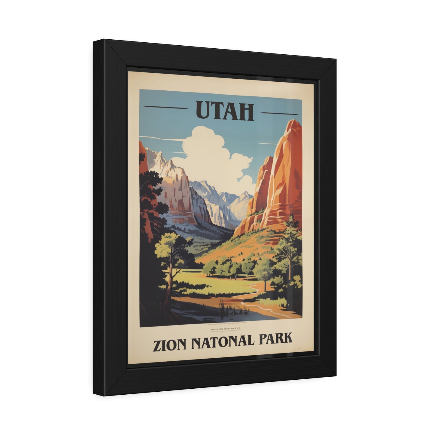 Angled view of vintage Utah Zion National Park travel framed art print, black frame, alternate angle