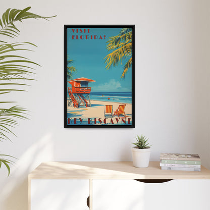 "Key Biscayne Beach Vintage – Classic Florida Coastal Art Print" Matte Canvas, Black Frame