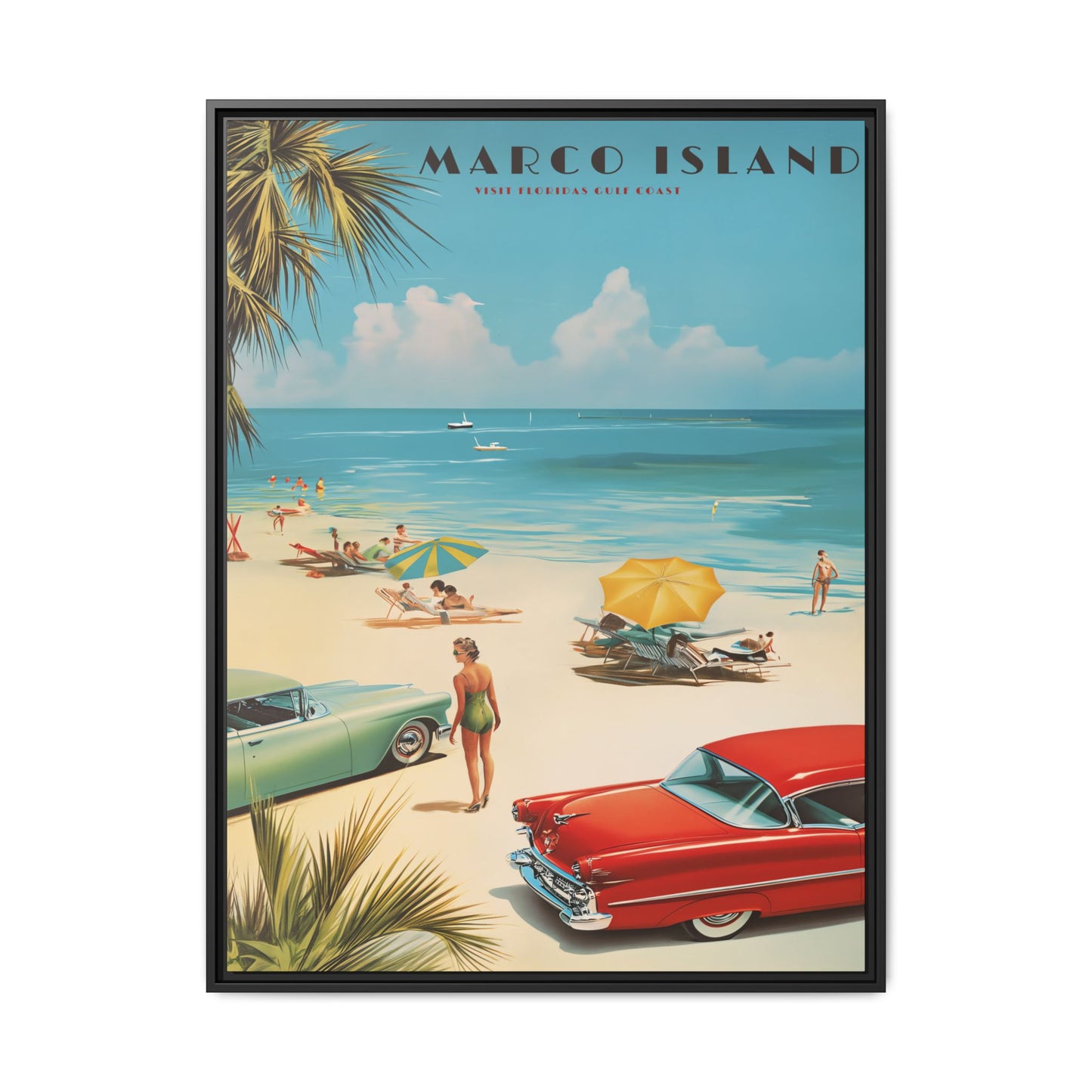 "Marco Island Retro Beach Scene – Vintage Wall Art of Florida’s Gulf Coast" Matte Canvas, Black Frame