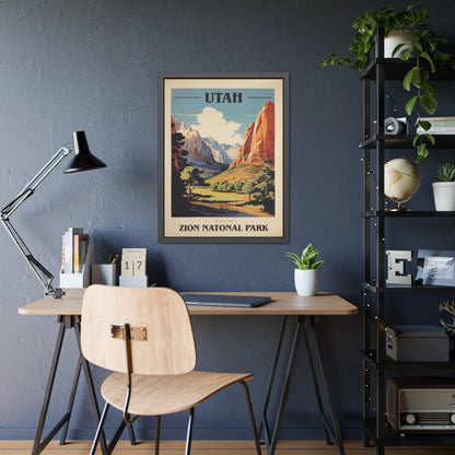 Framed vintage Utah Zion National Park travel art print on a home office desk with a lamp