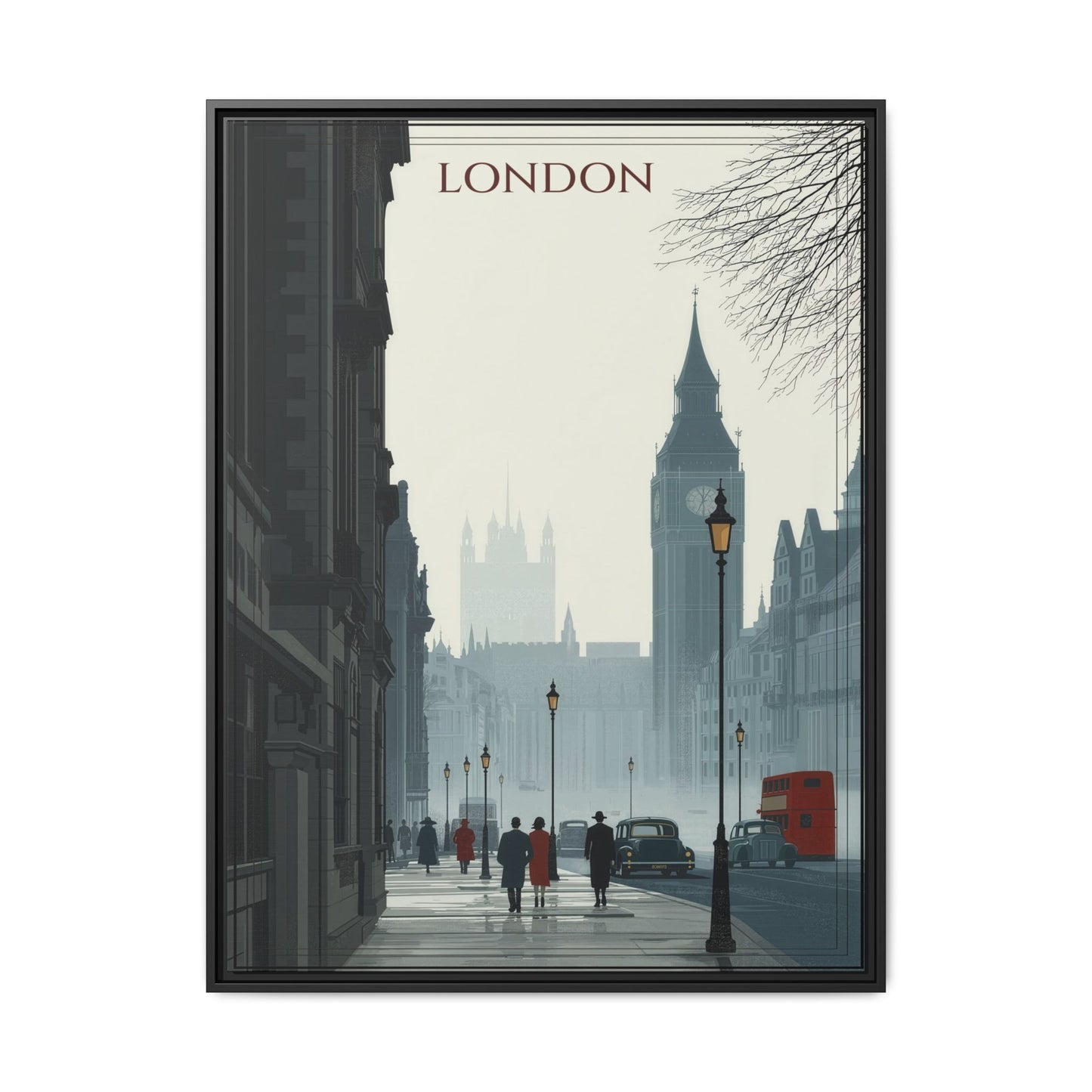 London Street Matte Canvas Print — Framed Vintage Cityscape Wall Art