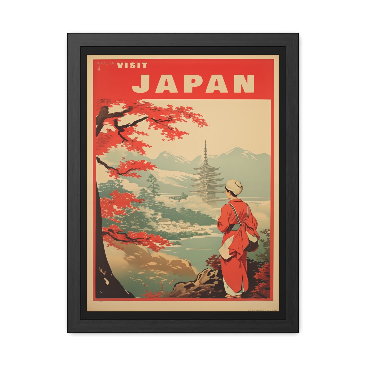 Vintage Japan Travel Poster - 'Visit Japan' Scenic Pagoda View Framed Posters
