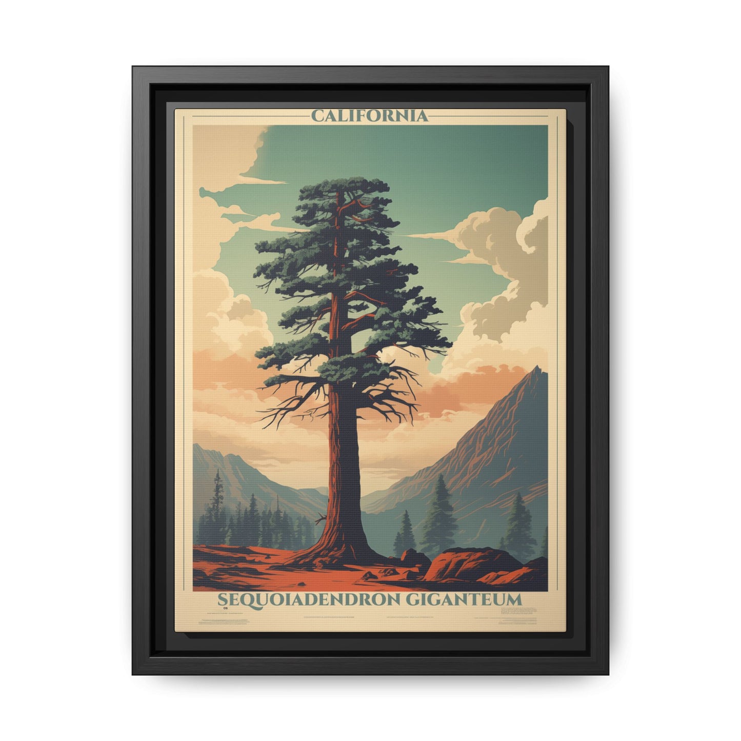 "Vintage California Sequoia Poster - Sequoiadendron Giganteum Matte Canvas Wall Art with Black Frame" Matte Canvas, Black Frame