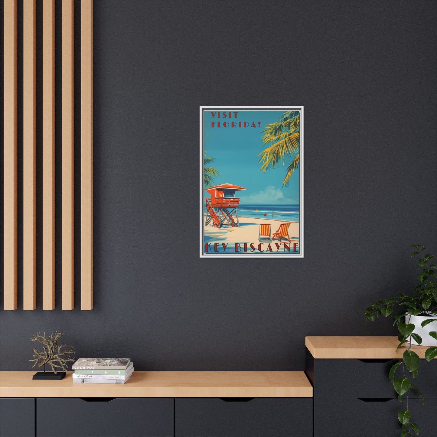 Key Biscayne Vintage Travel Poster Matte Canvas Print — Framed “Visit Florida!” Beach Wall Art