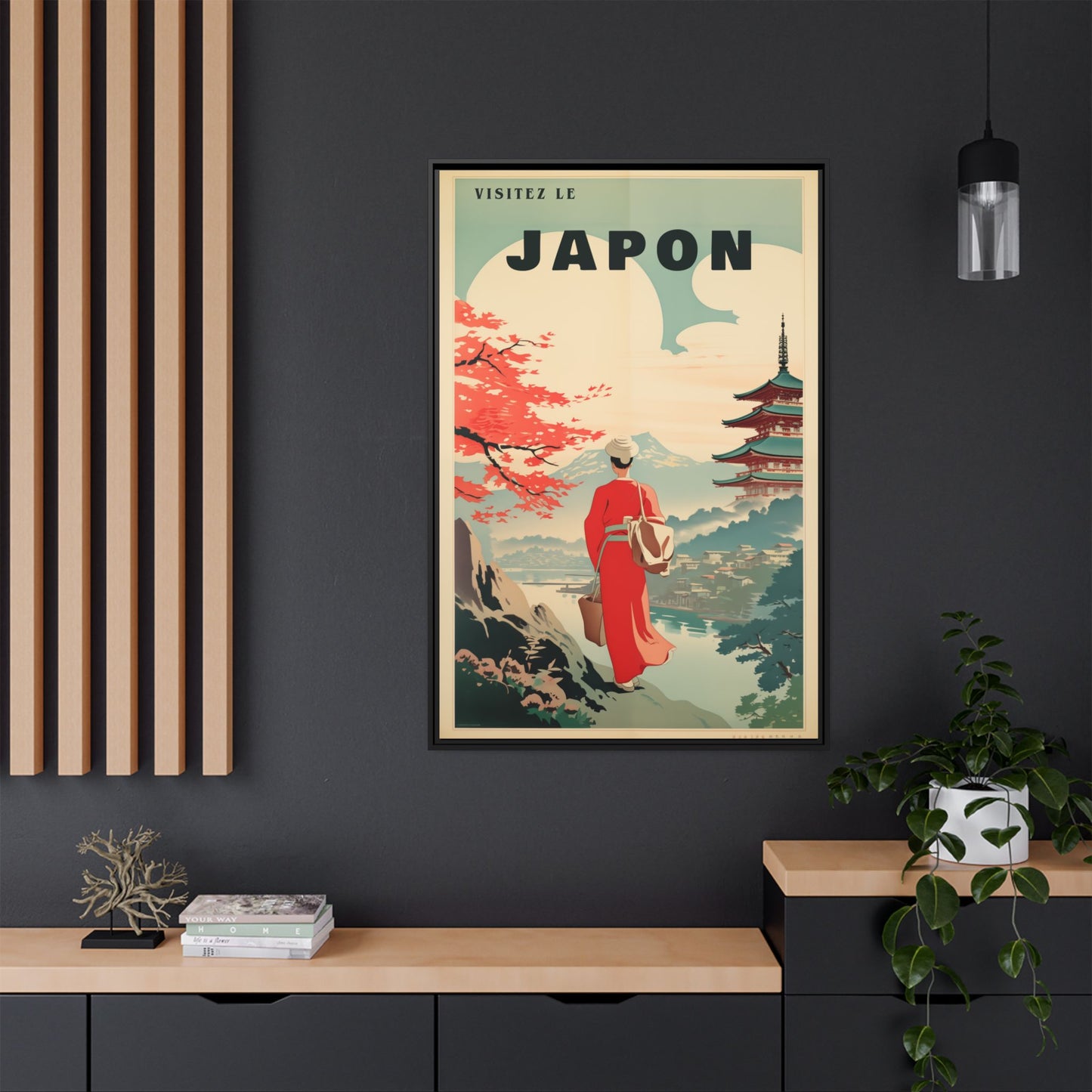 "Vintage French Japan Travel Poster - 'Visitez Le Japon' Matte Canvas Wall Art with Black Frame" Matte Canvas, Black Frame