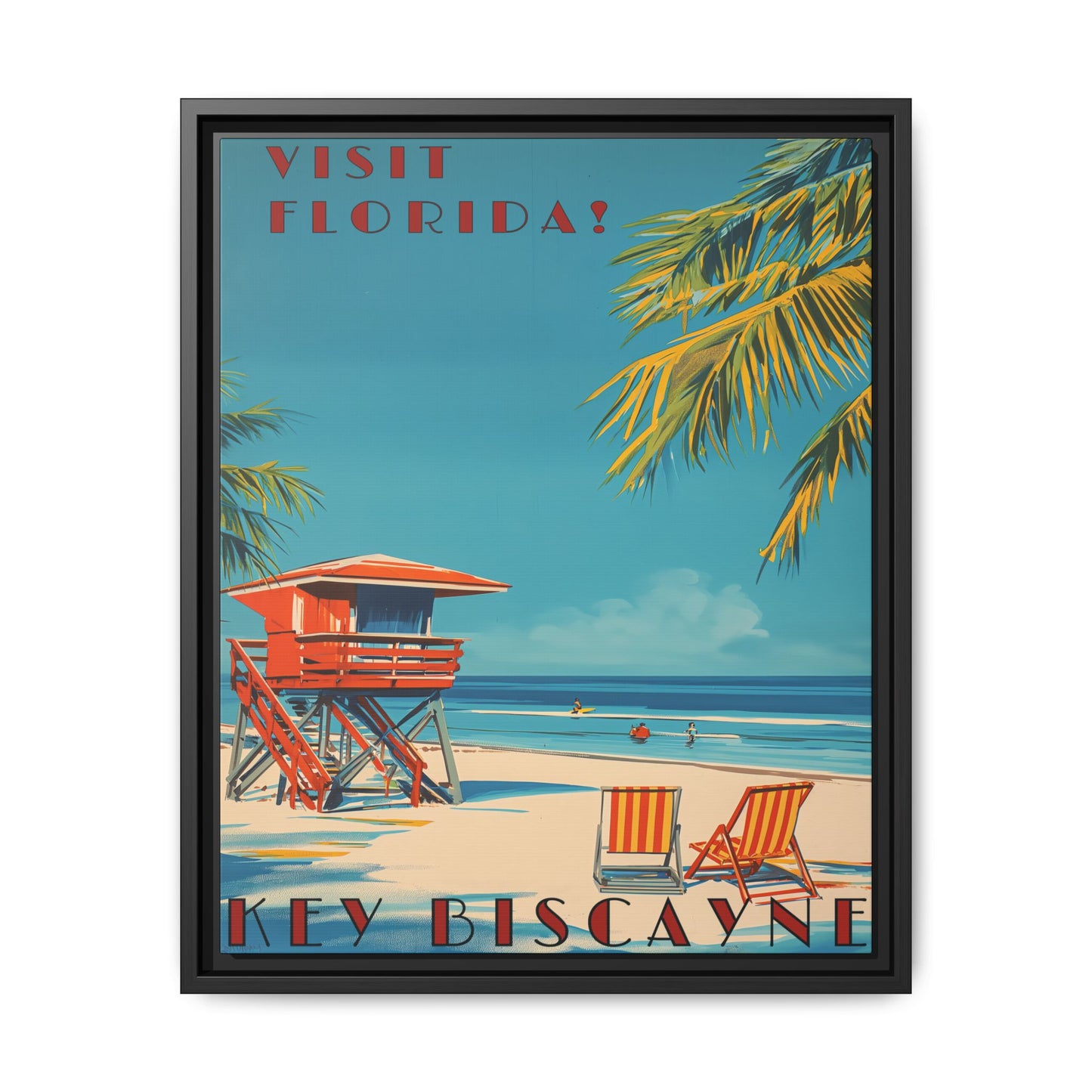 "Key Biscayne Beach Vintage – Classic Florida Coastal Art Print" Matte Canvas, Black Frame