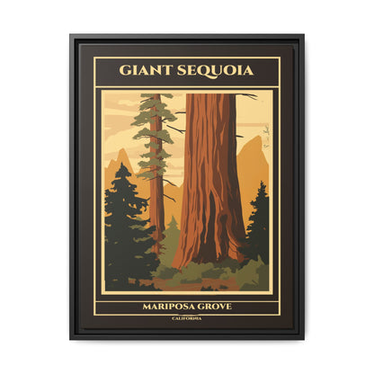 "Vintage Giant Sequoia Poster - Mariposa Grove, California Matte Canvas Wall Art with Black Frame" Matte Canvas, Black Frame