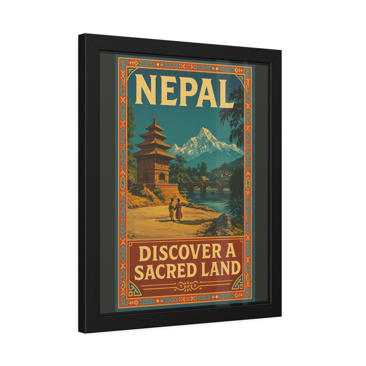 Framed Nepal Travel Poster — "Discover a Sacred Land" Vintage Wall Art