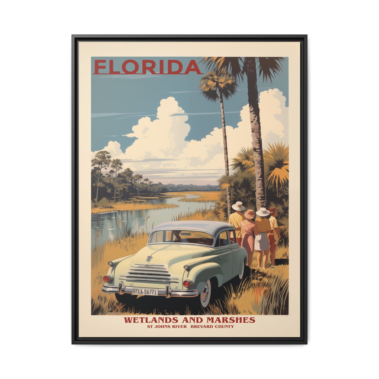 "Vintage Florida Poster - Wetlands and Marshes St. Johns River Matte Canvas Wall Art with Black Frame" Matte Canvas, Black Frame
